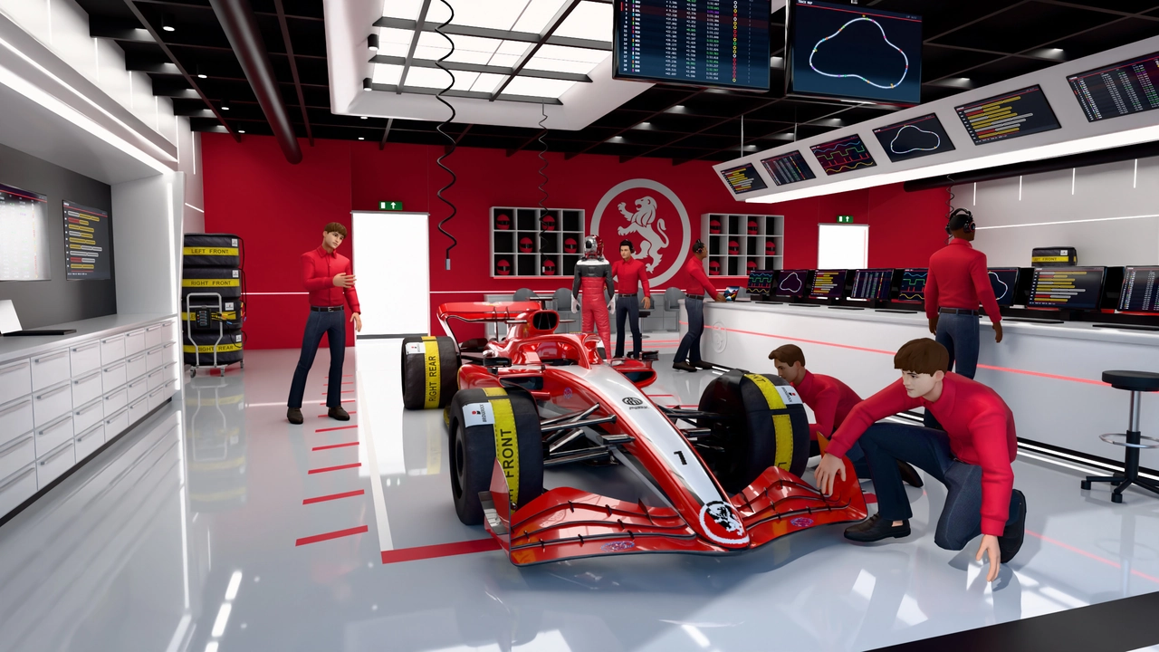 Garage render with the car, team members and timing screens.