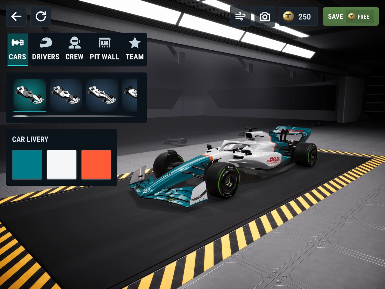 The Team Editor with Cars, Drivers, Crew, Pit Wall and Team tabs in the wind tunnel.
